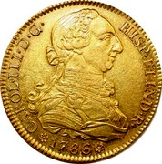 Spain 8 Escudos Sevilla 1786 S C KM# 409.2a CAROL III D G HISP ET IND R 1786 coin obverse Spain 8 Escudos Sevilla 1786 S C KM# 409.2a CAROL III D G HISP ET IND R 1786 coin obverse