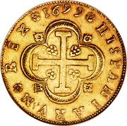Spain 8 Escudos Carolvs II 1699 S M KM# 233.2 HISPANIARVM REX 1699 coin reverse Spain 8 Escudos Carolvs II 1699 S M KM# 233.2 HISPANIARVM REX 1699 coin reverse