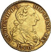 Spain 8 Escudos Carlos III 1760 JP KM# 397.1 CAROLUS III D G HISP ET IND REX 1760 coin obverse Spain 8 Escudos Carlos III 1760 JP KM# 397.1 CAROLUS III D G HISP ET IND REX 1760 coin obverse