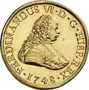 Spain 8 Escudos (Fernando VI Armored) KM# 377.2 FERDINANDUS VI D G HISP REX 1748 coin obverse Spain 8 Escudos (Fernando VI Armored) KM# 377.2 FERDINANDUS VI D G HISP REX 1748 coin obverse
