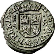 Spain 8 Maravedis Philip IV 1661 M S A variety of 1661 exists with lions and castles switched in the reverse KM# 162 HISPANIARVM REX 1661 S 8 coin reverse Spain 8 Maravedis Philip IV 1661 M S A variety of 1661 exists with lions and castles switched in the reverse KM# 162 HISPANIARVM REX 1661 S 8 coin reverse