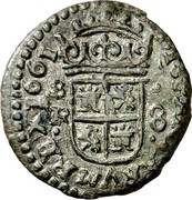 Spain 8 Maravedis Philip IV 1661 R KM# 163 HISPANIARVM REX 1661 S R 8 coin reverse Spain 8 Maravedis Philip IV 1661 R KM# 163 HISPANIARVM REX 1661 S R 8 coin reverse
