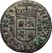 Spain 8 Maravedis Philip IV 1661 S KM# 12.6 HISPANIARVM REX 1661 S R 8 coin reverse Spain 8 Maravedis Philip IV 1661 S KM# 12.6 HISPANIARVM REX 1661 S R 8 coin reverse
