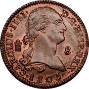 Spain 8 Maravedis Carlos IV 1803 KM# 428 CAROLUS IIII D G HISP REX 8 1803 coin obverse Spain 8 Maravedis Carlos IV 1803 KM# 428 CAROLUS IIII D G HISP REX 8 1803 coin obverse