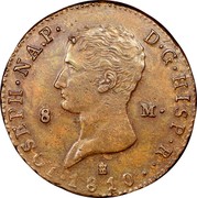 Spain 8 M Jose I Bonaparte Segovia 1810 KM# 450 JOSEPH NAP D G HISP R 1810 8 M coin obverse Spain 8 M Jose I Bonaparte Segovia 1810 KM# 450 JOSEPH NAP D G HISP R 1810 8 M coin obverse