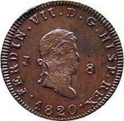 Spain 8 Maravedis Fernando VII 1820 KM# 491 FERDIN VII D G HISP REX J 8 1820 coin obverse Spain 8 Maravedis Fernando VII 1820 KM# 491 FERDIN VII D G HISP REX J 8 1820 coin obverse