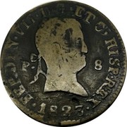 Spain 8 Maravedis 1823 KM# 486.2 Milled Real Coinage FERDIN VII D G E T C HISP REX P 8 1823 coin obverse Spain 8 Maravedis 1823 KM# 486.2 Milled Real Coinage FERDIN VII D G E T C HISP REX P 8 1823 coin obverse