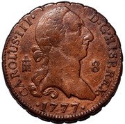 Spain 8 Maravedis (Carlos III) KM# 408.1 CAROLUS III D G HISP REX 8 1777 coin obverse Spain 8 Maravedis (Carlos III) KM# 408.1 CAROLUS III D G HISP REX 8 1777 coin obverse