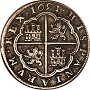 Spain 8 Reales Philip IV 1651 Aqueduct I KM# 111 HISPANIARVM REX 1651 coin reverse Spain 8 Reales Philip IV 1651 Aqueduct I KM# 111 HISPANIARVM REX 1651 coin reverse