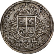 Spain 8 Reales Charles II 1687 Aqueduct BR Several varieties of 1687 exist KM# 210.2 CAROLVS II D G HISPANIAR REX BR coin obverse