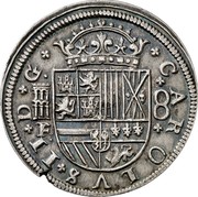 Spain 8 Reales Charles II 1697 Aqueduct F KM# 227 CAROLVS II D G F 8 coin obverse