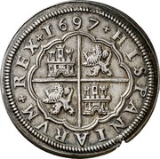 Spain 8 Reales Charles II 1697 Aqueduct F KM# 227 HISPANIARVM REX 1697 coin reverse