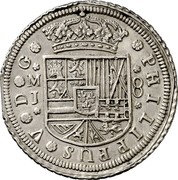 Spain 8 Reales Felipe V Madrid 1711 M J KM# 292 8 M J PHILIPPUS V D G coin obverse Spain 8 Reales Felipe V Madrid 1711 M J KM# 292 8 M J PHILIPPUS V D G coin obverse
