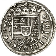 Spain 8 Reales Felipe V Madrid 1714 M J KM# 291 8 M J PHILIPPUS V D G coin obverse Spain 8 Reales Felipe V Madrid 1714 M J KM# 291 8 M J PHILIPPUS V D G coin obverse