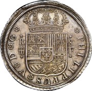 Spain 8 Reales Segovia Acueduct 1728 Aqueduct F KM# 336.1 PHILIPPUS V D G R 8 F coin obverse Spain 8 Reales Segovia Acueduct 1728 Aqueduct F KM# 336.1 PHILIPPUS V D G R 8 F coin obverse