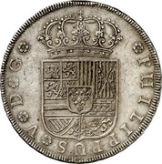 Spain 8 Reales Felipe V Seville 1729 KM# 341 PHILIPPUS V D G coin obverse Spain 8 Reales Felipe V Seville 1729 KM# 341 PHILIPPUS V D G coin obverse