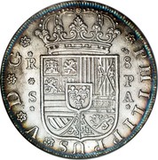 Spain 8 Reales Felipe V Seville 1731 PA KM# 358 PHILIPPUS V D G R 8 S P A coin obverse Spain 8 Reales Felipe V Seville 1731 PA KM# 358 PHILIPPUS V D G R 8 S P A coin obverse