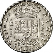 Spain 8 Reales Felipe V Seville 1731 PA KM# 357 PHILIPPUS V D G R 8 S P A coin obverse Spain 8 Reales Felipe V Seville 1731 PA KM# 357 PHILIPPUS V D G R 8 S P A coin obverse
