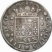 Spain 8 Reales Sevilla 1762 JV KM# 399.2 CAROLUS III D G R 8 S JV coin obverse Spain 8 Reales Sevilla 1762 JV KM# 399.2 CAROLUS III D G R 8 S JV coin obverse