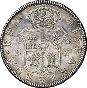 Spain 8 Reales Sevilla 1772 S CF KM# 414.2 HISPANIARUM REX R 8 S CF coin reverse Spain 8 Reales Sevilla 1772 S CF KM# 414.2 HISPANIARUM REX R 8 S CF coin reverse