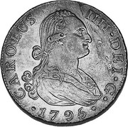 Spain 8 Reales Sevilla 1795 S CN KM# 432.2 CAROLUS IIII DEI G 1795 coin obverse Spain 8 Reales Sevilla 1795 S CN KM# 432.2 CAROLUS IIII DEI G 1795 coin obverse