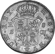 Spain 8 Reales Sevilla 1795 S CN KM# 432.2 HISPANIARUM REX R 8 S CN coin reverse Spain 8 Reales Sevilla 1795 S CN KM# 432.2 HISPANIARUM REX R 8 S CN coin reverse