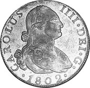 Spain 8 Reales Carlos IV 1802 MF KM# 432.1 CAROLUS IIII DEI G 1802 coin obverse Spain 8 Reales Carlos IV 1802 MF KM# 432.1 CAROLUS IIII DEI G 1802 coin obverse