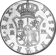 Spain 8 Reales Carlos IV 1802 MF KM# 432.1 HISPANIARUM REX R 8 M FA coin reverse Spain 8 Reales Carlos IV 1802 MF KM# 432.1 HISPANIARUM REX R 8 M FA coin reverse