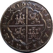 Spain 8 Reales Philip III 1608 C KM# 28.1 HISPANIARVM REX 1607 coin reverse Spain 8 Reales Philip III 1608 C KM# 28.1 HISPANIARVM REX 1607 coin reverse