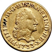 Spain Escudo Felipe V Seville 1733 S PA KM# 343 PHILIP V D G HISPAN ET IND REX 1733 coin obverse Spain Escudo Felipe V Seville 1733 S PA KM# 343 PHILIP V D G HISPAN ET IND REX 1733 coin obverse