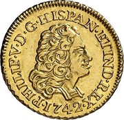 Spain Escudo Felipe V Madrid 1742 JA KM# 342 PHILIP V D G HISPAN ET IND REX 1742 coin obverse Spain Escudo Felipe V Madrid 1742 JA KM# 342 PHILIP V D G HISPAN ET IND REX 1742 coin obverse
