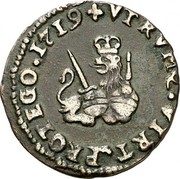 Spain Maravedi Felipe V Valencia 1719 KM# 317 VTRVMQ VIRT PROTEGO 1719 coin reverse Spain Maravedi Felipe V Valencia 1719 KM# 317 VTRVMQ VIRT PROTEGO 1719 coin reverse
