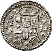 Spain Real Charles II 1683 Aqueduct BR KM# 198 CAROLVS II D G BR I coin obverse Spain Real Charles II 1683 Aqueduct BR KM# 198 CAROLVS II D G BR I coin obverse