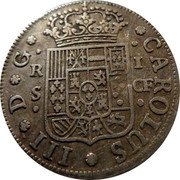 Spain Real (2 Reales de Vellon) Charles III 1770 S CF KM# 387.2 CAROLUS III D G R S I CF coin obverse Spain Real (2 Reales de Vellon) Charles III 1770 S CF KM# 387.2 CAROLUS III D G R S I CF coin obverse