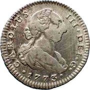 Spain Real Sevilla 1773 S CF KM# 411.2 CAROLUS III DEI G 1773 coin obverse Spain Real Sevilla 1773 S CF KM# 411.2 CAROLUS III DEI G 1773 coin obverse