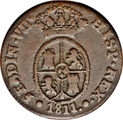 Spain Quarto y Medio 1811 KM# 117 Province Catalonia French Occupation FERDIN VII HISP REX 1811 coin obverse Spain Quarto y Medio 1811 KM# 117 Province Catalonia French Occupation FERDIN VII HISP REX 1811 coin obverse