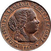 Spain 1/2 Centimo 1866 OM KM# 632.4 Second Decimal Coinage ISABEL II POR LA GRACIA DE DIOS Y LA CONST. 1866 coin obverse Spain 1/2 Centimo 1866 OM KM# 632.4 Second Decimal Coinage ISABEL II POR LA GRACIA DE DIOS Y LA CONST. 1866 coin obverse