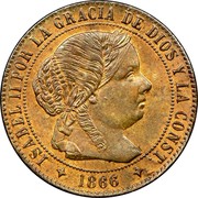 Spain 1/2 Centimo Isabel II 1866 OM KM# 632.2 ISABEL II POR LA GRACIA DE DIOS Y LA CONST. 1866 coin obverse Spain 1/2 Centimo Isabel II 1866 OM KM# 632.2 ISABEL II POR LA GRACIA DE DIOS Y LA CONST. 1866 coin obverse