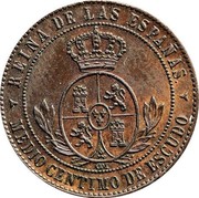 Spain 1/2 Centimo 1866 OM KM# 632.4 Second Decimal Coinage REINA DE LAS ESPAÑAS. MEDIO CENTIMO DE ESCUDO OM coin reverse Spain 1/2 Centimo 1866 OM KM# 632.4 Second Decimal Coinage REINA DE LAS ESPAÑAS. MEDIO CENTIMO DE ESCUDO OM coin reverse