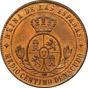 Spain 1/2 Centimo Isabel II 1866 OM KM# 632.2 REINA DE LAS ESPAÑAS. MEDIO CENTIMO DE ESCUDO OM coin reverse Spain 1/2 Centimo Isabel II 1866 OM KM# 632.2 REINA DE LAS ESPAÑAS. MEDIO CENTIMO DE ESCUDO OM coin reverse