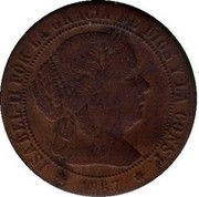 Spain 1/2 Centimo 1867 OM KM# 632.5 Second Decimal Coinage ISABEL II POR LA GRACIA DE DIOS Y LA CONST 1867 coin obverse Spain 1/2 Centimo 1867 OM KM# 632.5 Second Decimal Coinage ISABEL II POR LA GRACIA DE DIOS Y LA CONST 1867 coin obverse