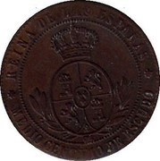 Spain 1/2 Centimo 1867 OM KM# 632.5 Second Decimal Coinage REINA DE LAS ESPANAS MEDIO CENTIMO DE ESCUDO coin reverse Spain 1/2 Centimo 1867 OM KM# 632.5 Second Decimal Coinage REINA DE LAS ESPANAS MEDIO CENTIMO DE ESCUDO coin reverse