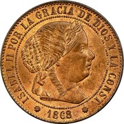 Spain 1/2 Centimo Isabel II 1868 OM KM# 632.1 ISABEL II POR LA GRACIA DE DIOS Y LA CONST. 1866 coin obverse
