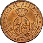 Spain 1/2 Centimo Isabel II 1868 OM KM# 632.1 REINA DE LAS ESPAÑAS. MEDIO CENTIMO DE ESCUDO OM coin reverse