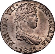 Spain 1/2 Real Sevilla 1832 JB KM# 482.3 FERDIN VII DEI GRATIA 1832 coin obverse Spain 1/2 Real Sevilla 1832 JB KM# 482.3 FERDIN VII DEI GRATIA 1832 coin obverse