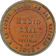 Spain Medio Real Isabel II 1848 KM# 591.2 Y LA CONST REINA DE LAS ESPANAS MEDIO REAL CINCO DECIMAS DG 1848 coin reverse Spain Medio Real Isabel II 1848 KM# 591.2 Y LA CONST REINA DE LAS ESPANAS MEDIO REAL CINCO DECIMAS DG 1848 coin reverse