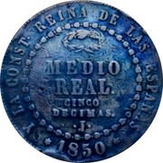 Spain 1/2 Real 1850 KM# 591.1 Kingdom Decimal Coinage Y LA CONST REINA DE LAS ESPAÑAS MEDIO REAL. CINCO DECIMAS. J 1850 coin obverse Spain 1/2 Real 1850 KM# 591.1 Kingdom Decimal Coinage Y LA CONST REINA DE LAS ESPAÑAS MEDIO REAL. CINCO DECIMAS. J 1850 coin obverse