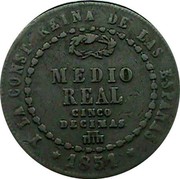 Spain 1/2 Real Isabel II 1853 KM# 591.3 Y LA CONST REINA DE LAS ESPAÑAS MEDIO REAL. CINCO DECIMAS. 1854 coin reverse Spain 1/2 Real Isabel II 1853 KM# 591.3 Y LA CONST REINA DE LAS ESPAÑAS MEDIO REAL. CINCO DECIMAS. 1854 coin reverse