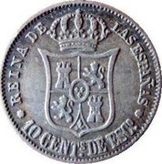 Spain 10 Centimos 1865 KM# 627.2 Second Decimal Coinage REINA DE LAS ESPAÑAS 10 CENTS DE ESC coin reverse Spain 10 Centimos 1865 KM# 627.2 Second Decimal Coinage REINA DE LAS ESPAÑAS 10 CENTS DE ESC coin reverse