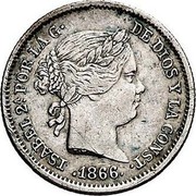 Spain 10 Centimos Isabel II 1866 KM# 627.1 ISABEL 2A POR LA G DE DIOS Y LA CONST 1866 coin obverse Spain 10 Centimos Isabel II 1866 KM# 627.1 ISABEL 2A POR LA G DE DIOS Y LA CONST 1866 coin obverse